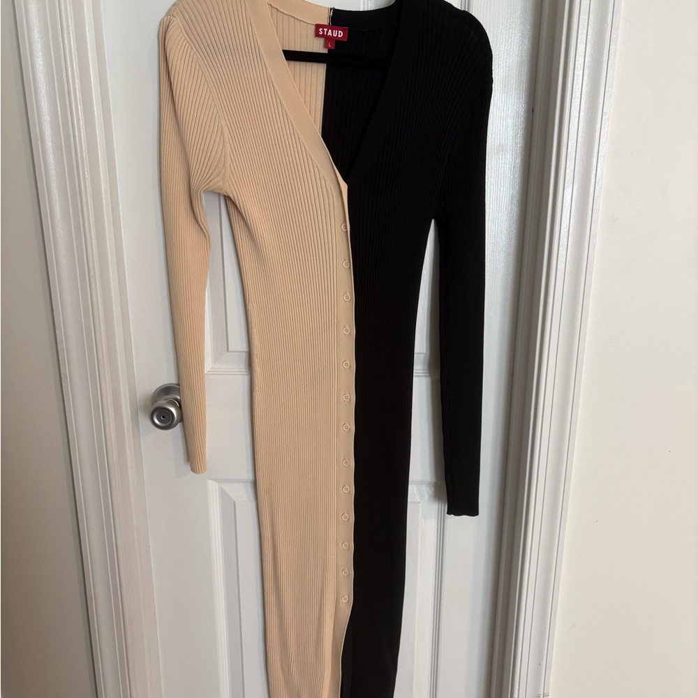 STAUD large Black and Tan shoko Ribbed Knit Dress